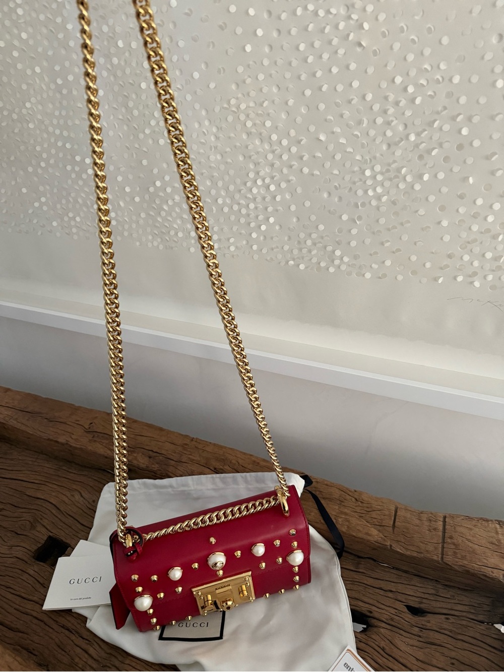 Gucci Red Leather padlock Pearl-Embellished Chain Crossbody Bag, dust bag,COA - Picture 6 of 15
